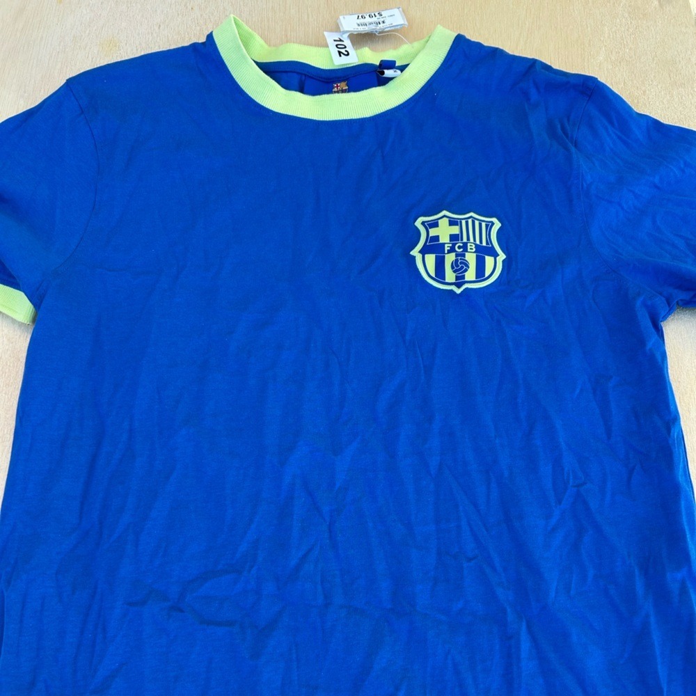 FC Barcelona FCB Ringer T-Shirt Royal Blue Lime Green Mens Soccer Fan Tee